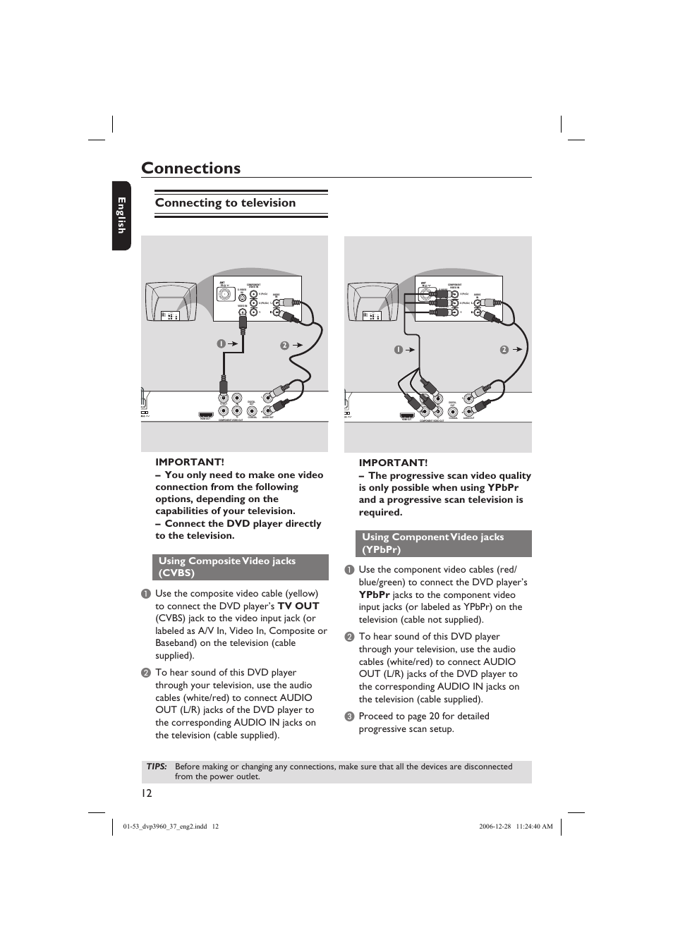 Connections, Connecting to television, English | Philips DVP3960-37B User Manual | Page 12 / 53