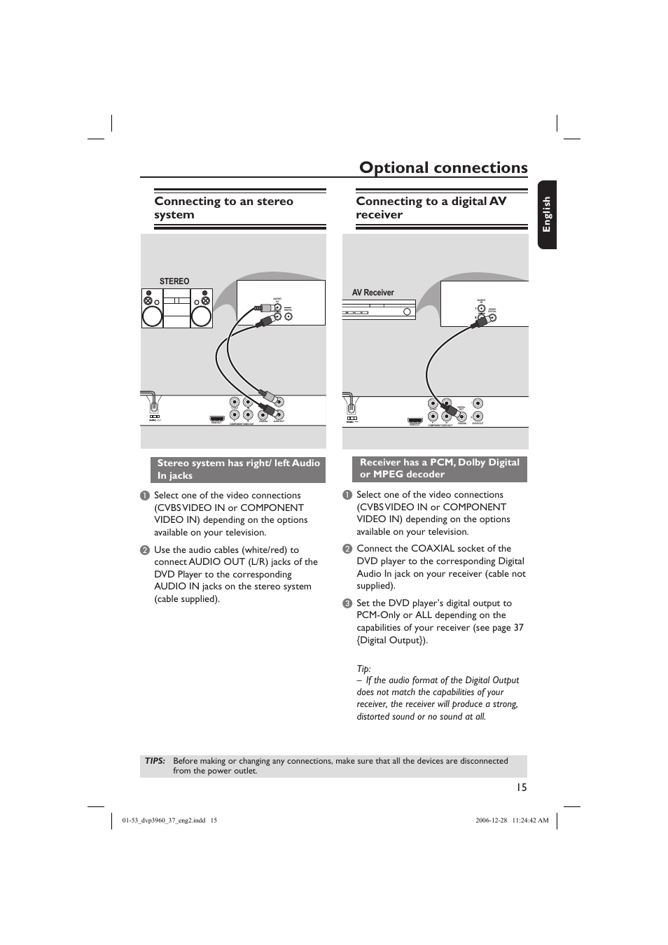 Optional connections, Connecting to an stereo system, Connecting to a digital av receiver | English | Philips DVP3960-37B User Manual | Page 15 / 53