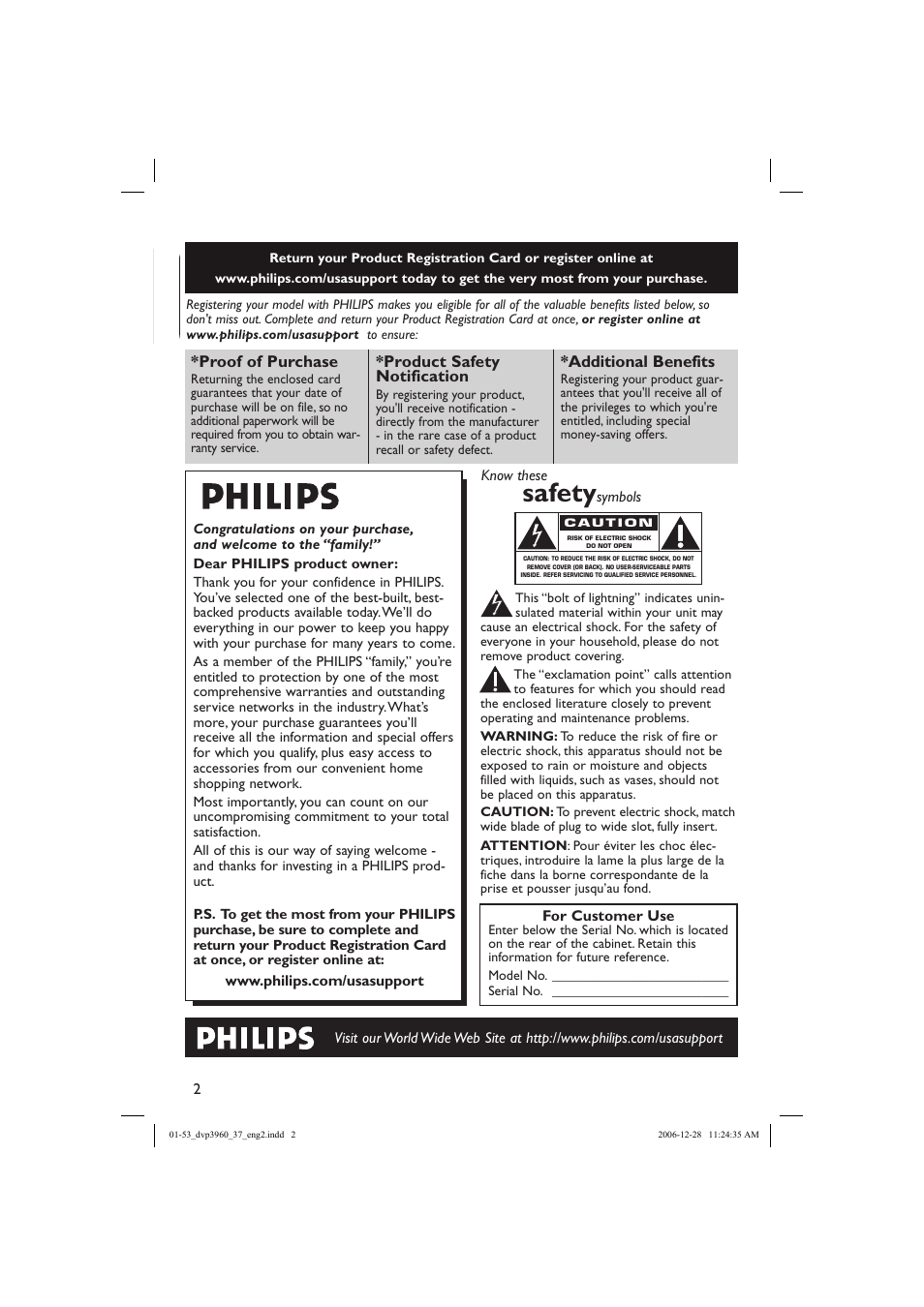 Safety, Proof of purchase, Product safety notification | Additional benefits | Philips DVP3960-37B User Manual | Page 2 / 53