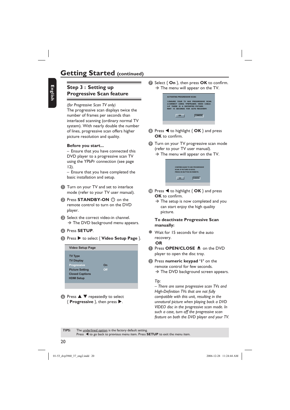 Getting started, Step 3 : setting up progressive scan feature, Continued) | Philips DVP3960-37B User Manual | Page 20 / 53