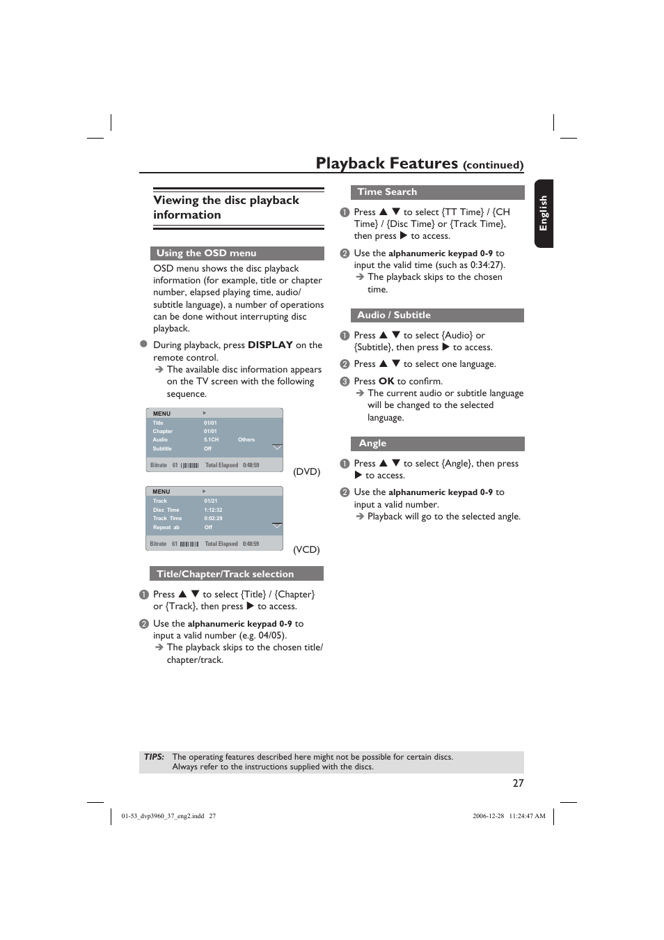 Playback features, Viewing the disc playback information | Philips DVP3960-37B User Manual | Page 27 / 53