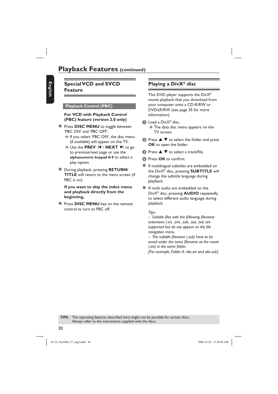 Playback features, Special vcd and svcd feature, Playing a divx | Disc | Philips DVP3960-37B User Manual | Page 30 / 53