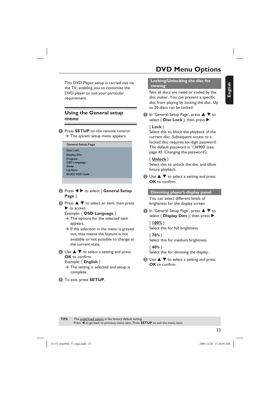 Dvd menu options, Using the general setup menu | Philips DVP3960-37B User Manual | Page 33 / 53