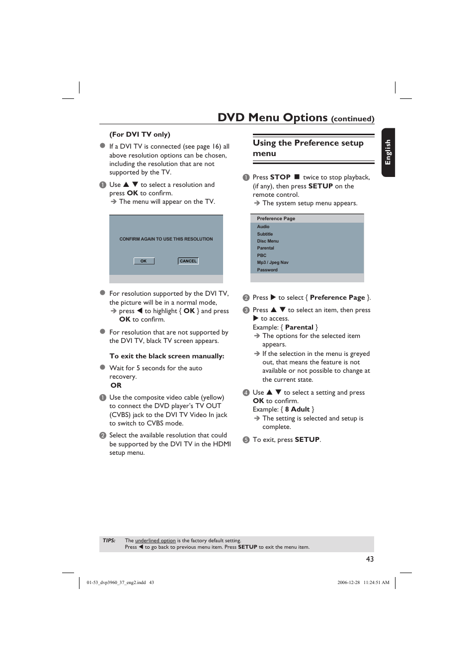 Dvd menu options, Using the preference setup menu | Philips DVP3960-37B User Manual | Page 43 / 53