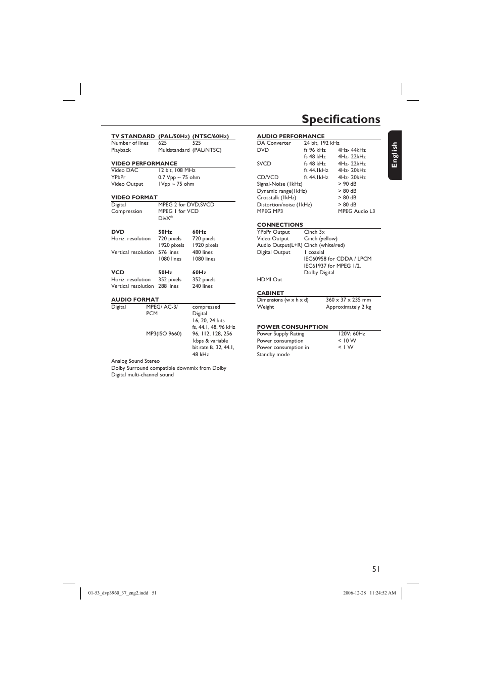 Specifi cations | Philips DVP3960-37B User Manual | Page 51 / 53