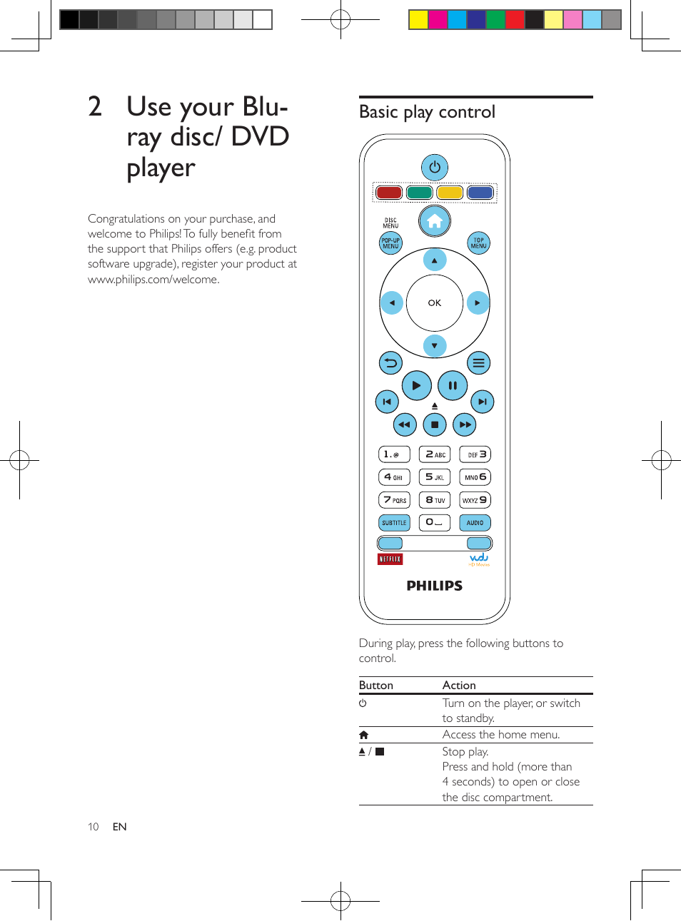 2 use your blu-ray disc/ dvd player, Basic play control | Philips BDP2100-F7 User Manual | Page 10 / 24