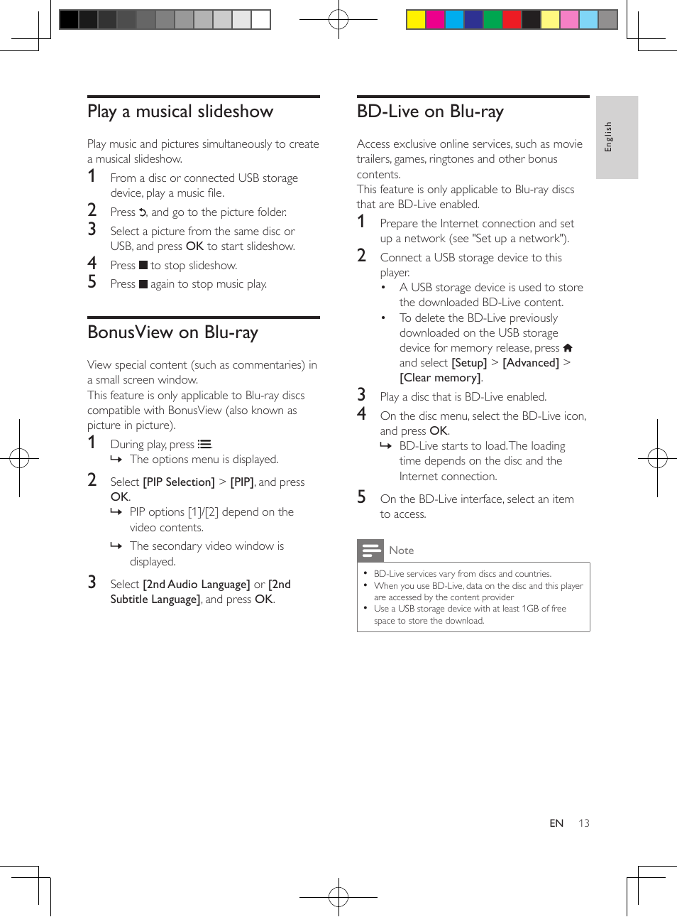 Play a musical slideshow, Bonusview on blu-ray, Bd-live on blu-ray | Philips BDP2100-F7 User Manual | Page 13 / 24