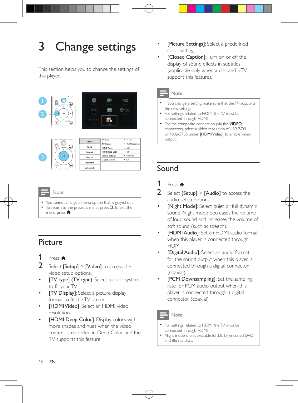 3 change settings, Picture, Sound | Picture 1, Sound 1 | Philips BDP2100-F7 User Manual | Page 16 / 24