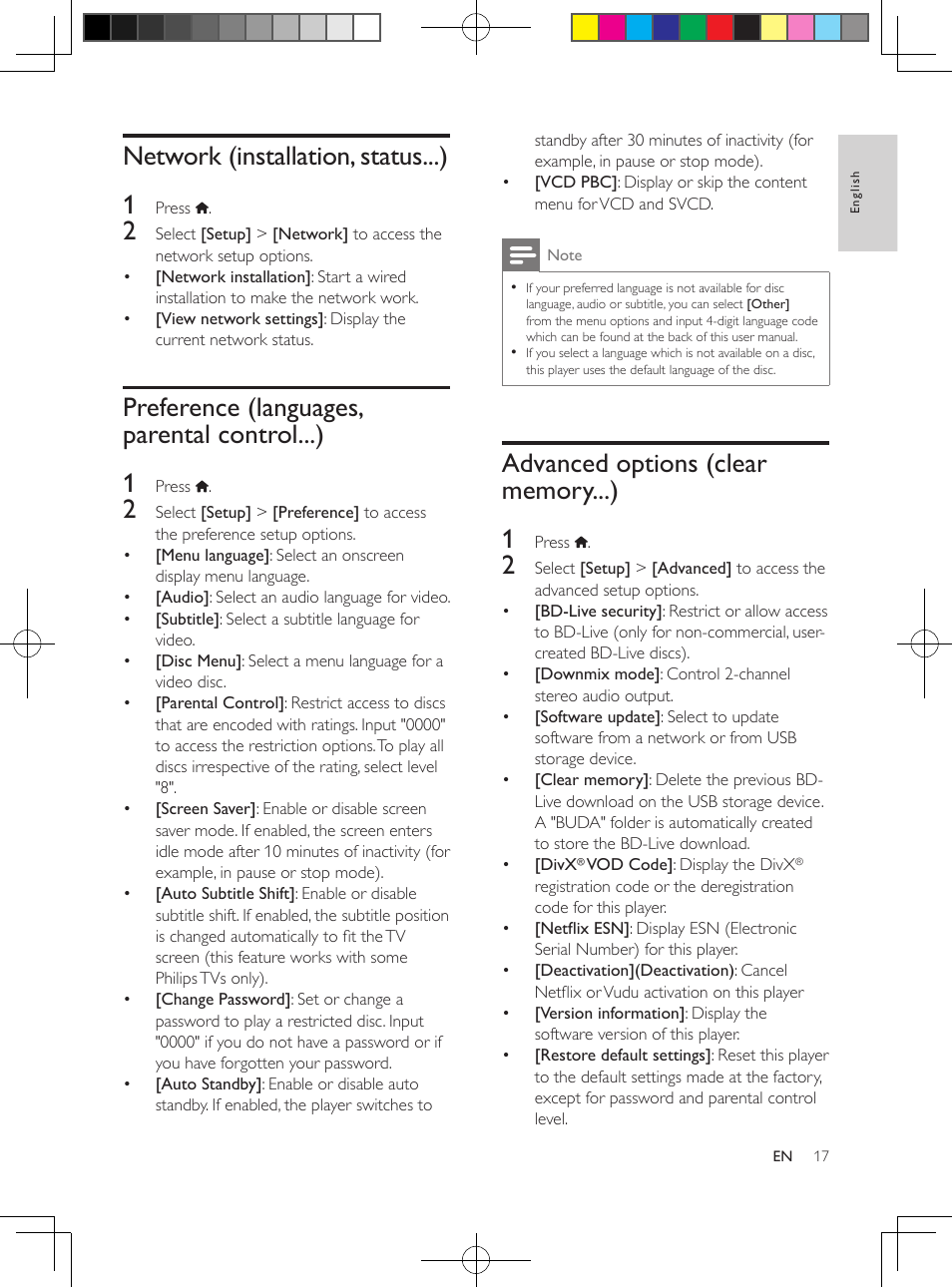 Network (installation, status...), Preference (languages, parental control...), Advanced options (clear memory...) | Preference (languages, parental, Control...), Network (installation, status...) 1, Preference (languages, parental control...) 1 | Philips BDP2100-F7 User Manual | Page 17 / 24