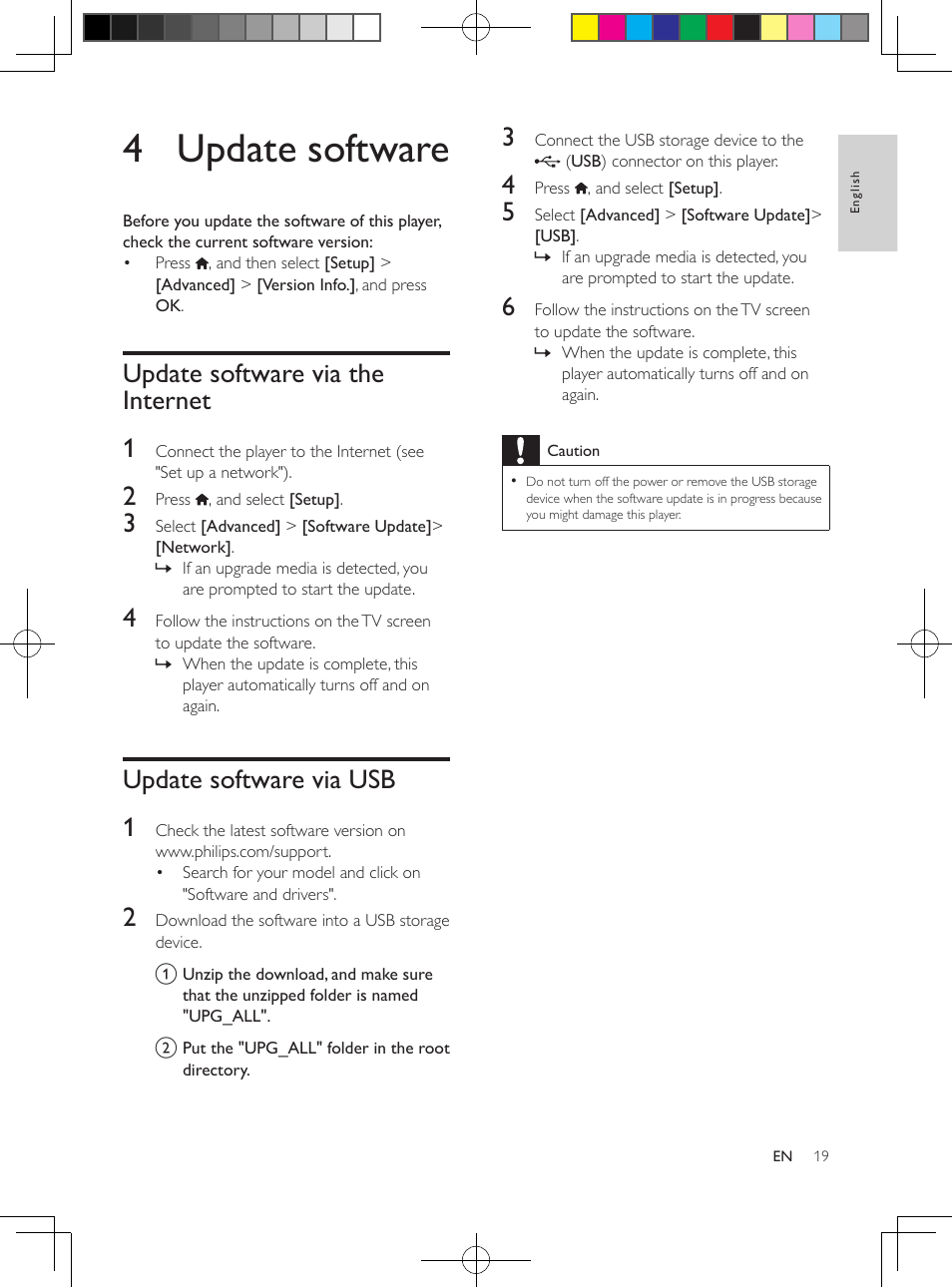 4 update software, Update software via the internet, Update software via usb | Update software via the internet 1, Update software via usb 1 | Philips BDP2100-F7 User Manual | Page 19 / 24