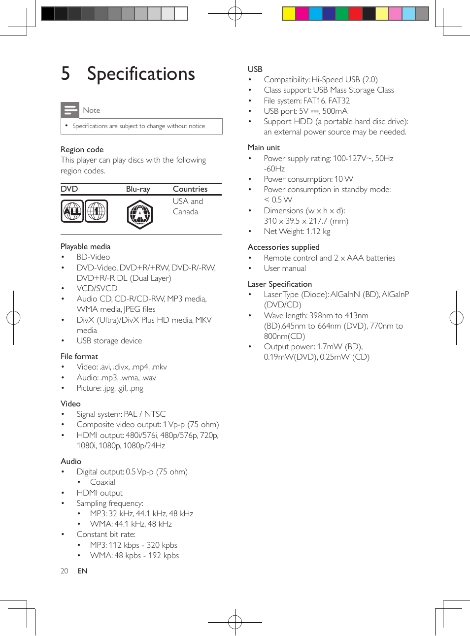 5 specifications | Philips BDP2100-F7 User Manual | Page 20 / 24