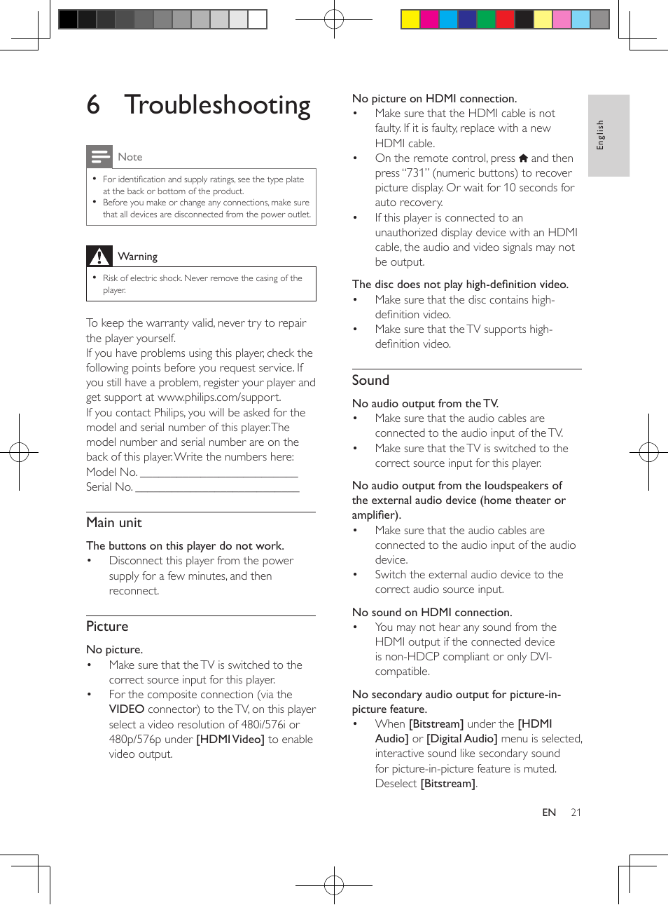 6 troubleshooting, Main unit, Picture | Sound | Philips BDP2100-F7 User Manual | Page 21 / 24