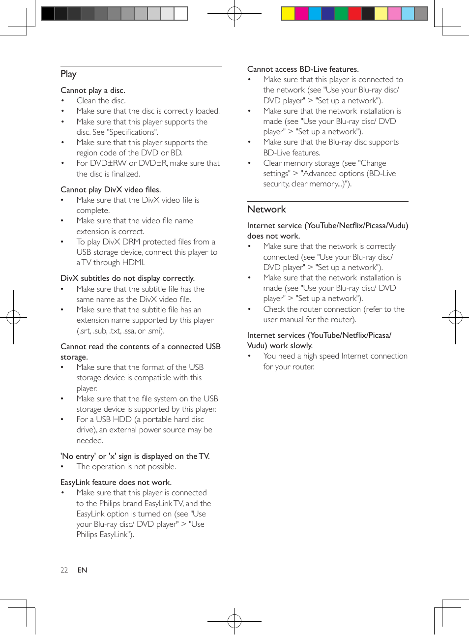 Play, Network | Philips BDP2100-F7 User Manual | Page 22 / 24