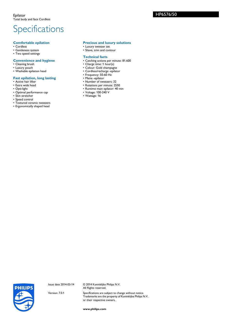 Specifications | Philips HP6576-50 User Manual | Page 3 / 3