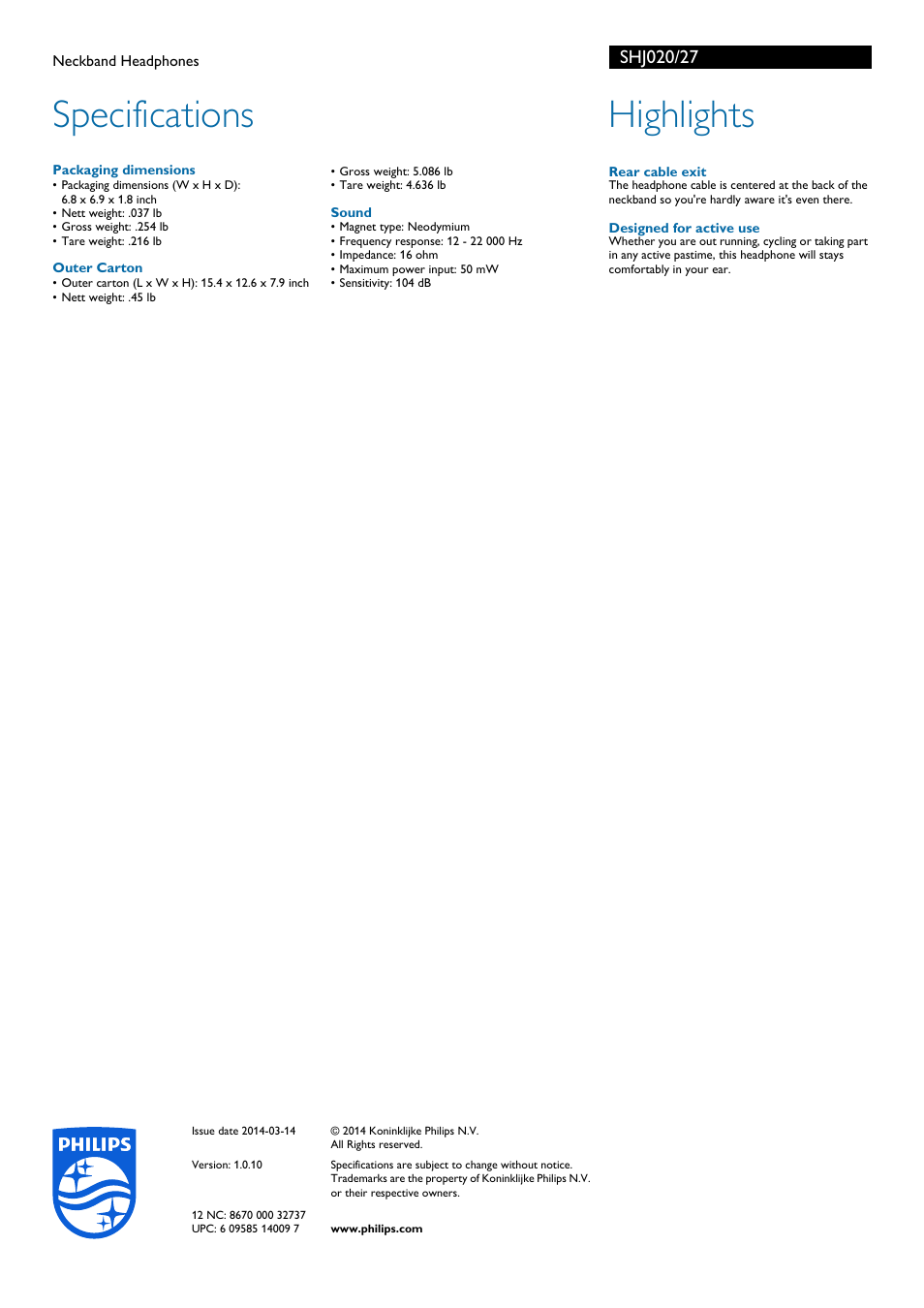 Specifications, Highlights | Philips SHJ020-27 User Manual | Page 2 / 2