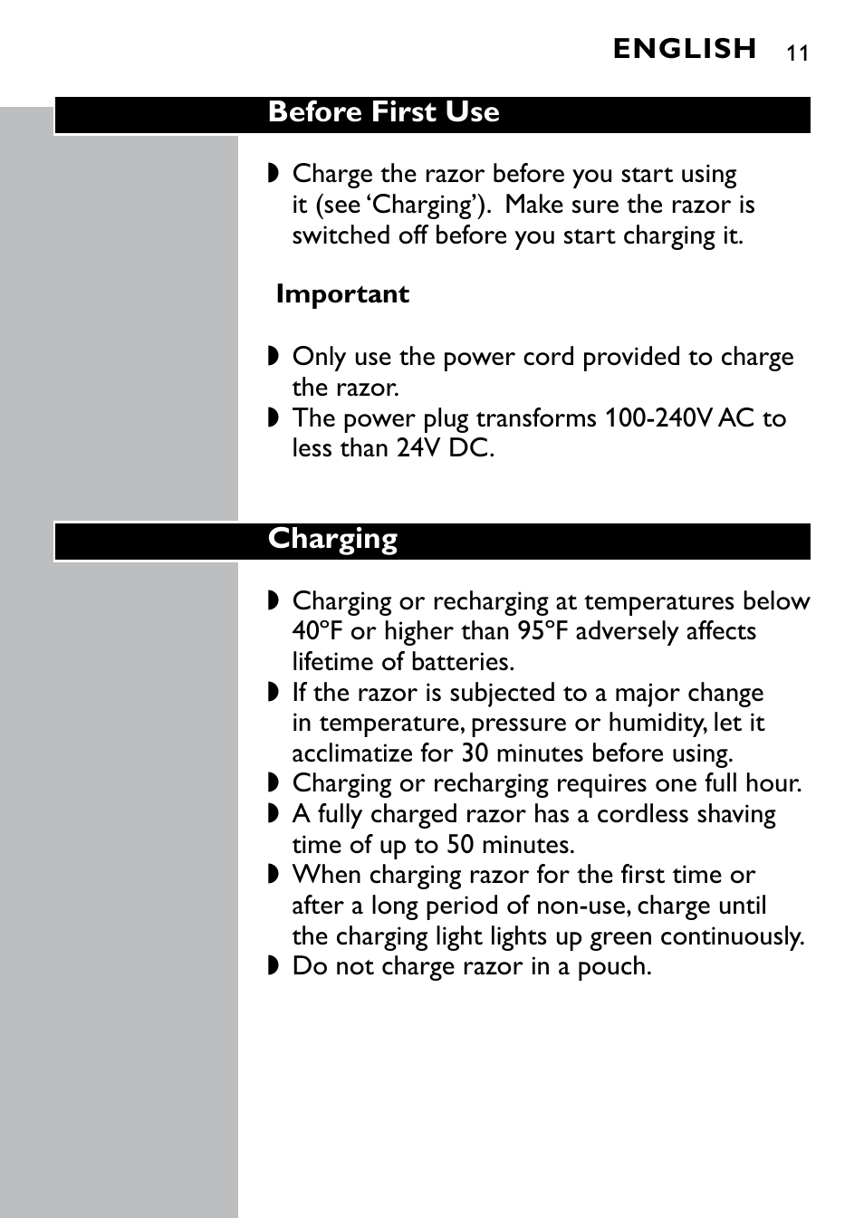 Philips Norelco Shaver 4100 Series 4000 wet & dry electric shaver AT810-41 DualPrecision heads Flex & Float system 50 min shaving 1 hour charge AquaTech wet & dry technology with Aquatec - Wet or Dry shaving and Pop-up trimmer User Manual | Page 11 / 29