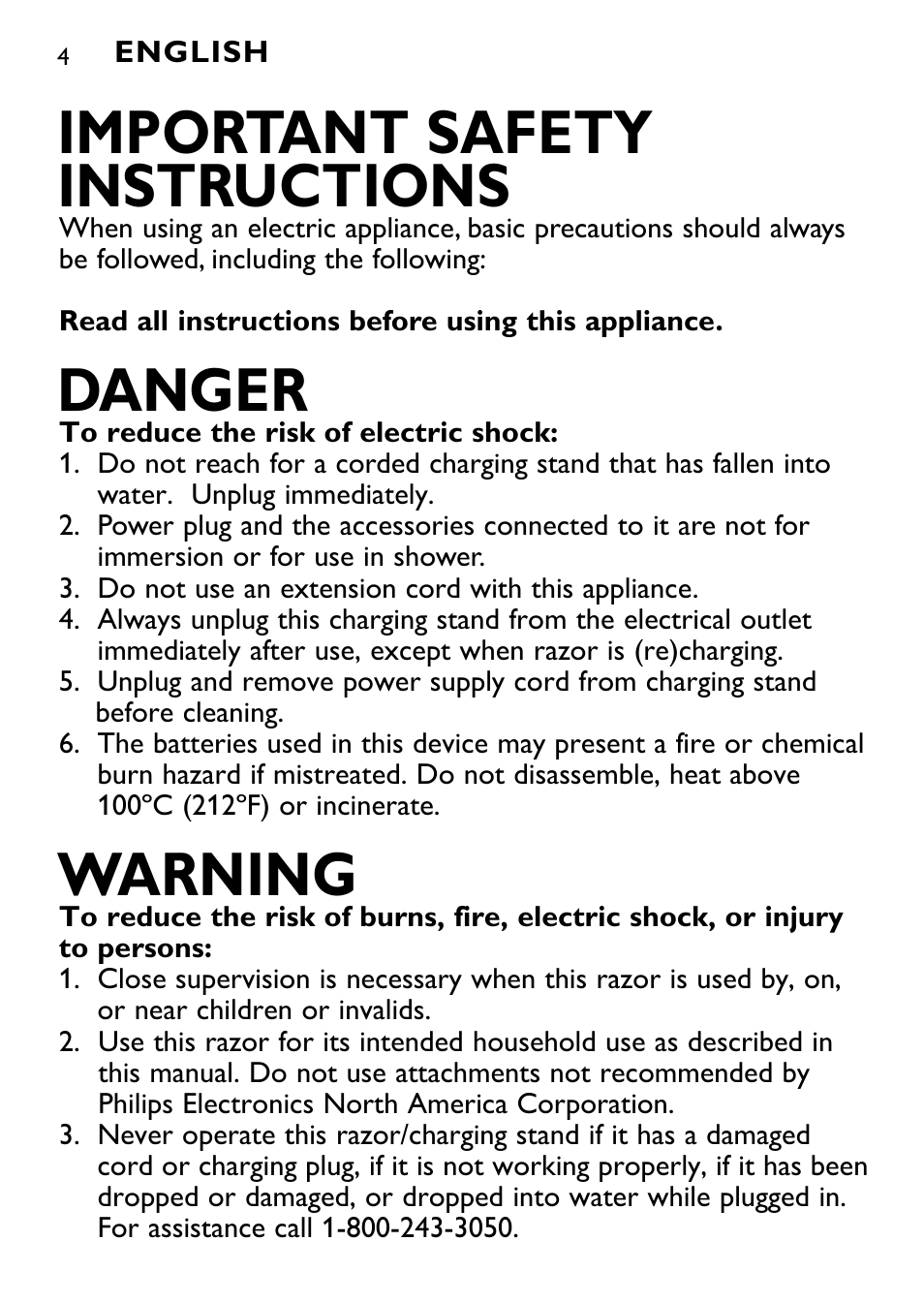 Important safety instructions, Danger, Warning | Philips Norelco Shaver 4100 Series 4000 wet & dry electric shaver AT810-41 DualPrecision heads Flex & Float system 50 min shaving 1 hour charge AquaTech wet & dry technology with Aquatec - Wet or Dry shaving and Pop-up trimmer User Manual | Page 4 / 29