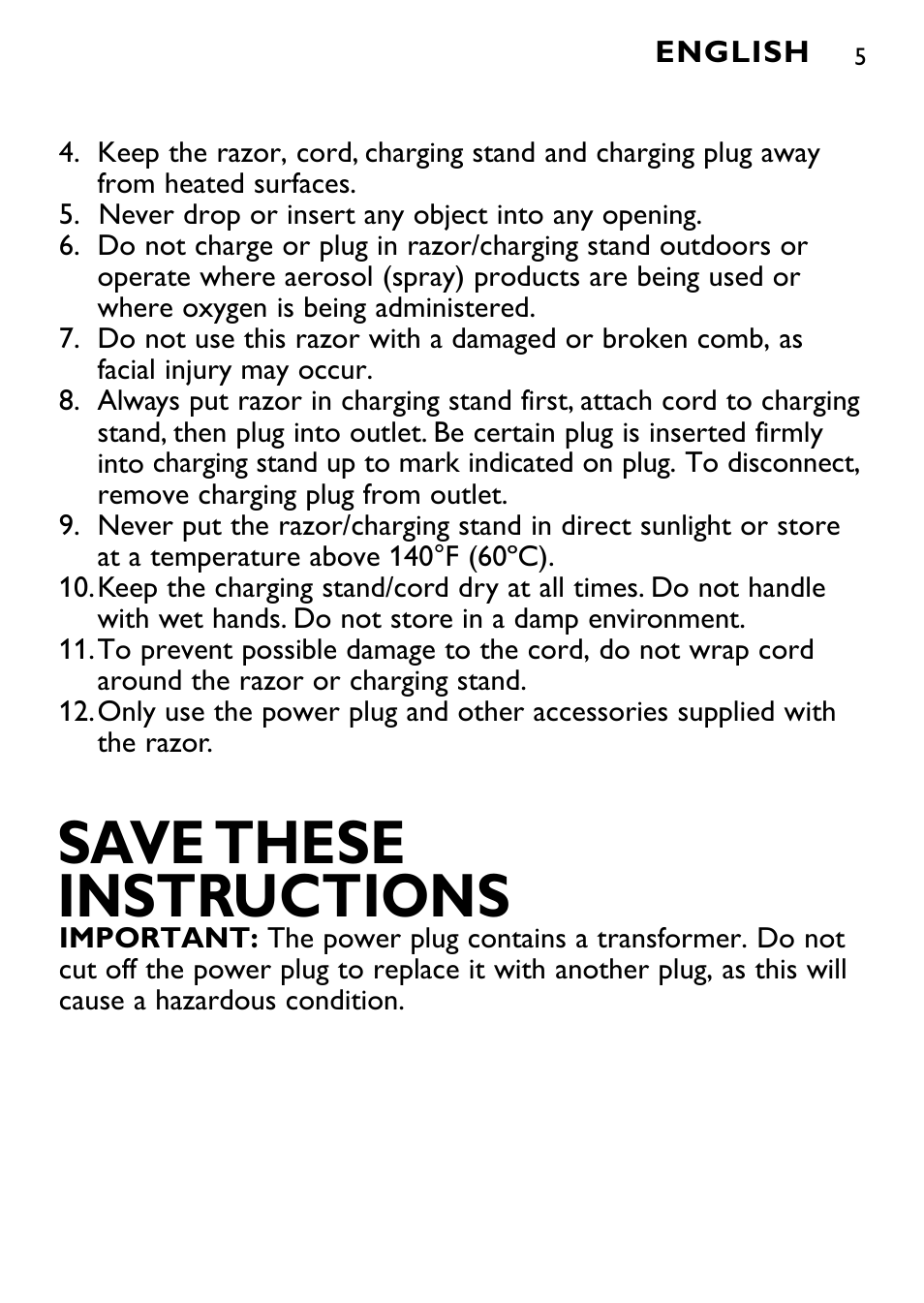 Save these instructions | Philips Norelco Shaver 4100 Series 4000 wet & dry electric shaver AT810-41 DualPrecision heads Flex & Float system 50 min shaving 1 hour charge AquaTech wet & dry technology with Aquatec - Wet or Dry shaving and Pop-up trimmer User Manual | Page 5 / 29