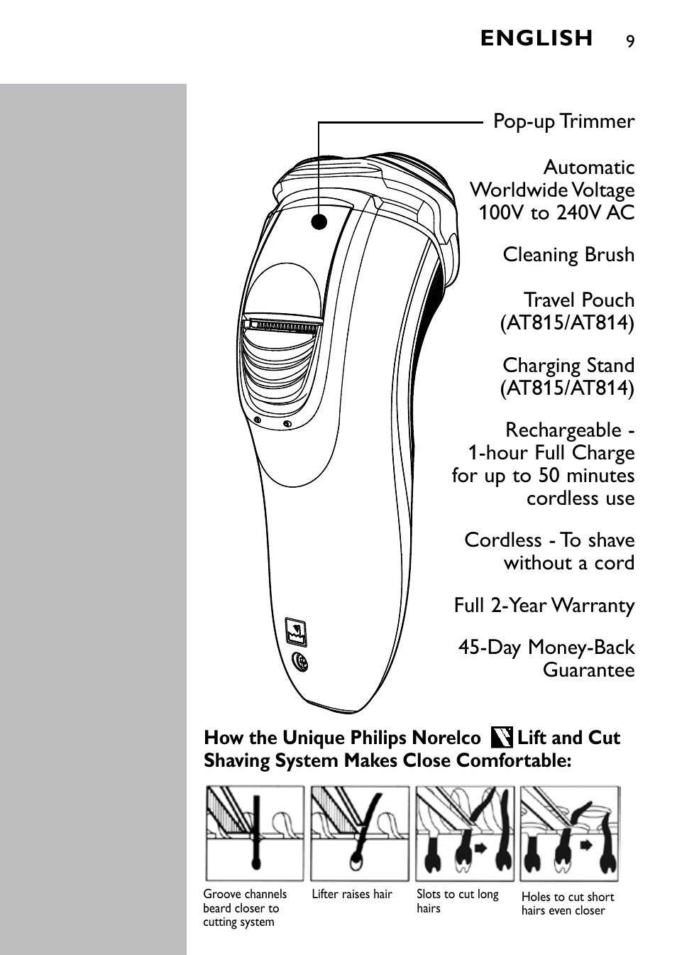 English | Philips Norelco Shaver 4100 Series 4000 wet & dry electric shaver AT810-41 DualPrecision heads Flex & Float system 50 min shaving 1 hour charge AquaTech wet & dry technology with Aquatec - Wet or Dry shaving and Pop-up trimmer User Manual | Page 9 / 29