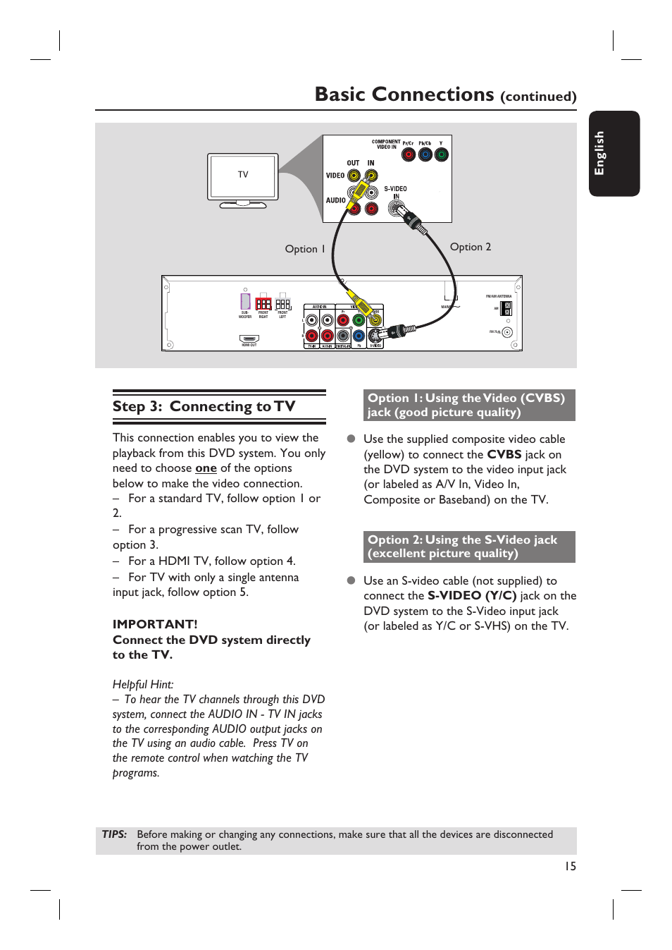 Basic connections, Step 3: connecting to tv, Continued) | 15 english | Philips HTS6500-37 User Manual | Page 15 / 55