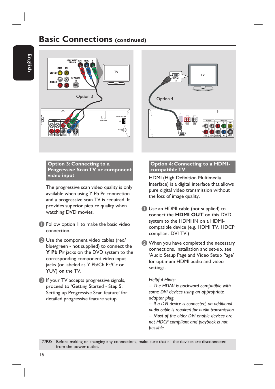 Basic connections, Continued), Follow option 1 to make the basic video connection | Philips HTS6500-37 User Manual | Page 16 / 55