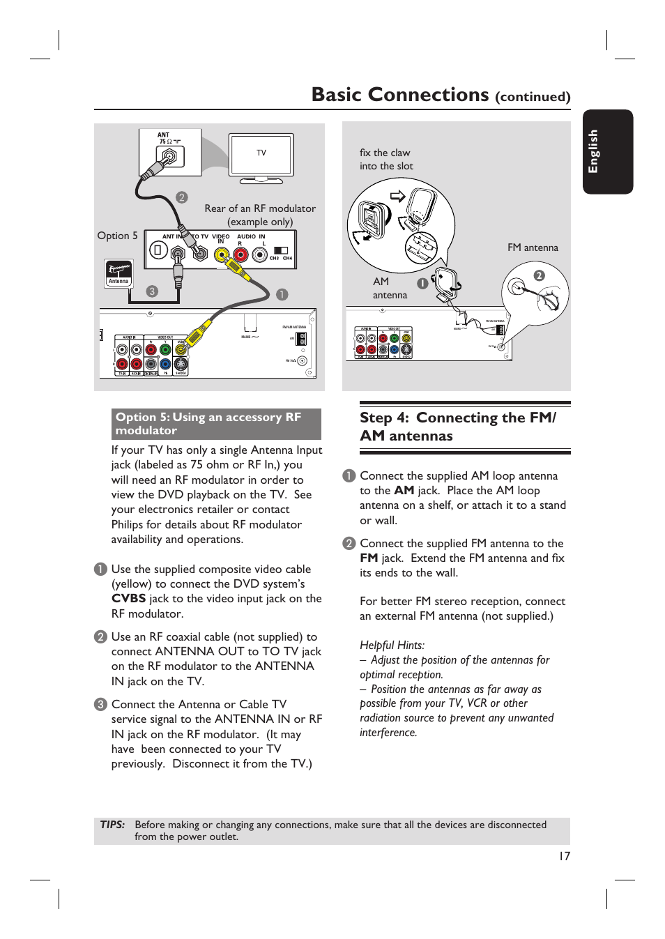 Basic connections, Step 4: connecting the fm/ am antennas, Continued) | Philips HTS6500-37 User Manual | Page 17 / 55