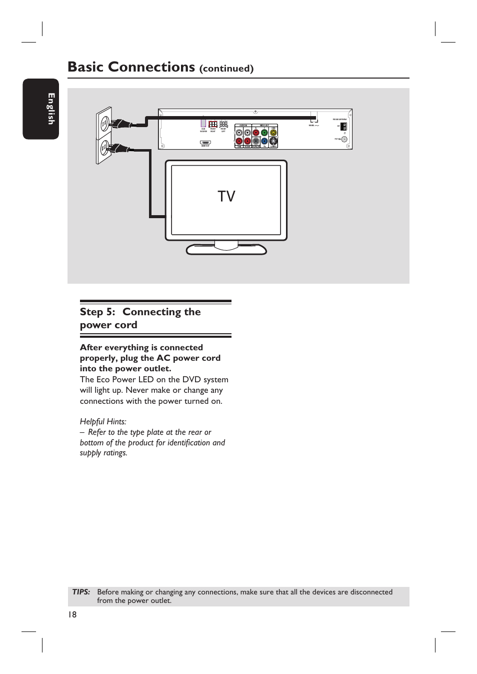 Basic connections, Step 5: connecting the power cord, Continued) | 18 english | Philips HTS6500-37 User Manual | Page 18 / 55