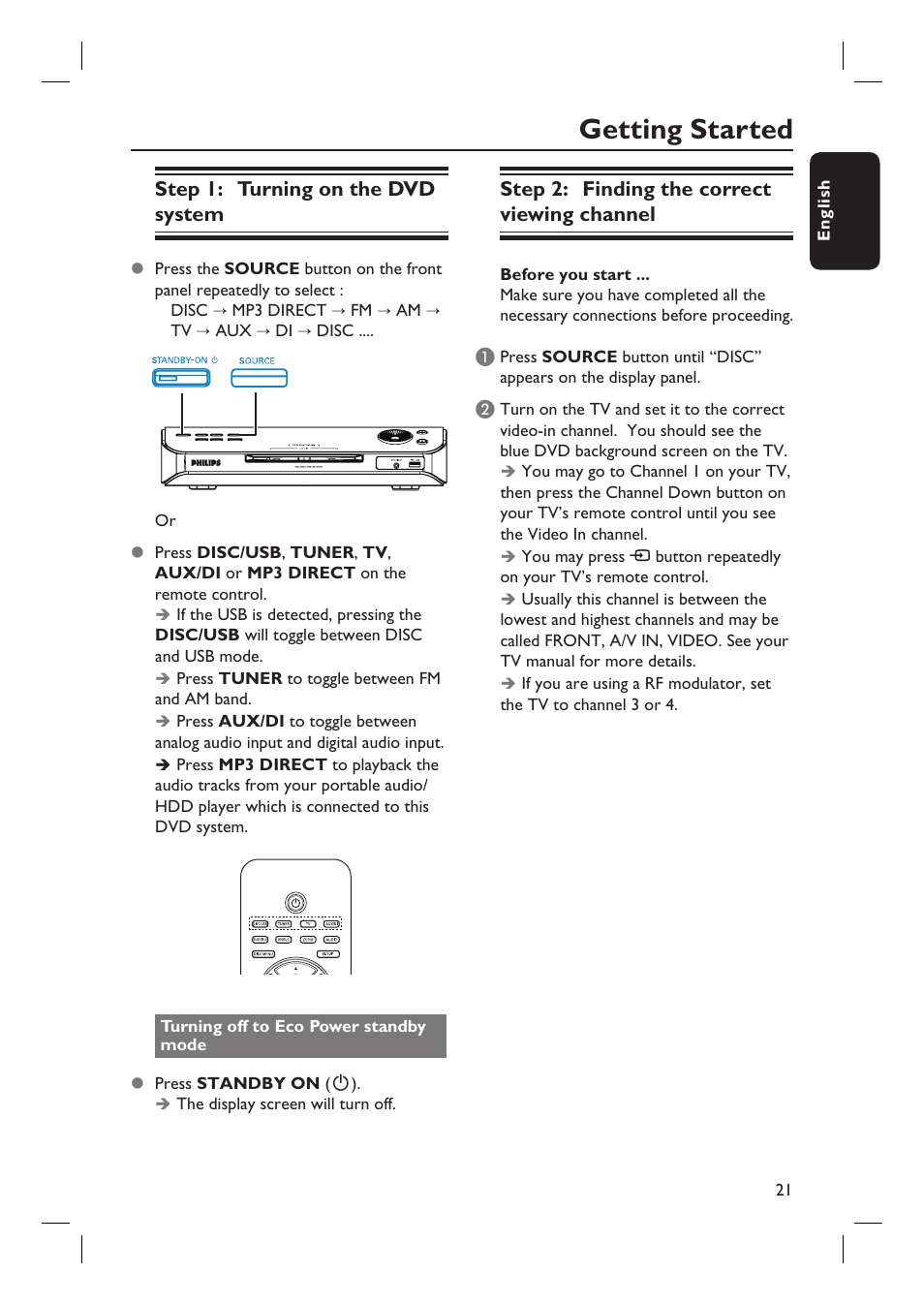 Getting started | Philips HTS6500-37 User Manual | Page 21 / 55