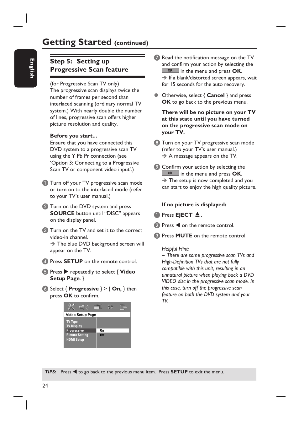 Getting started, Step 5: setting up progressive scan feature | Philips HTS6500-37 User Manual | Page 24 / 55