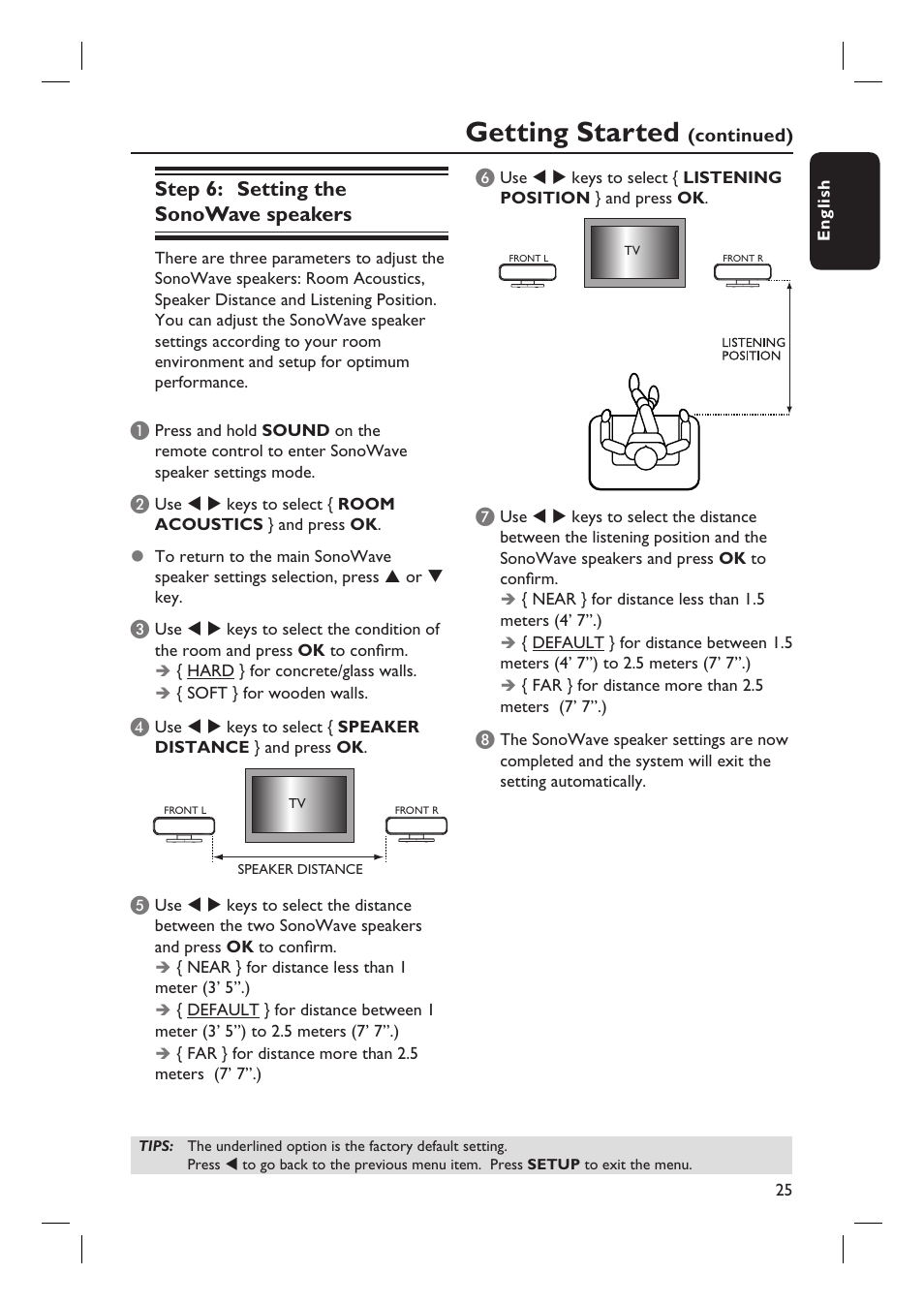 Getting started, Step 6: setting the sonowave speakers | Philips HTS6500-37 User Manual | Page 25 / 55