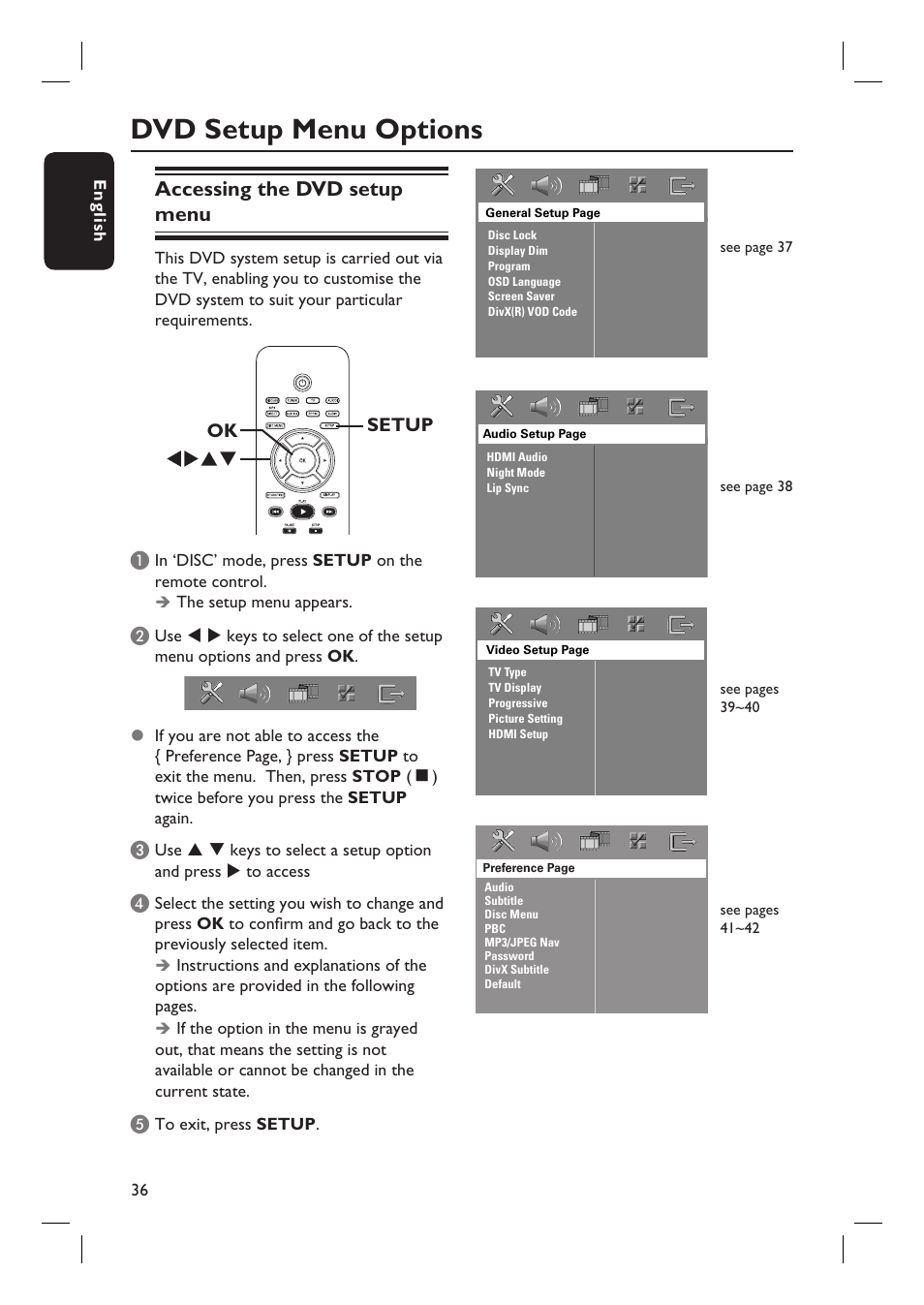 Dvd setup menu options, Accessing the dvd setup menu | Philips HTS6500-37 User Manual | Page 36 / 55