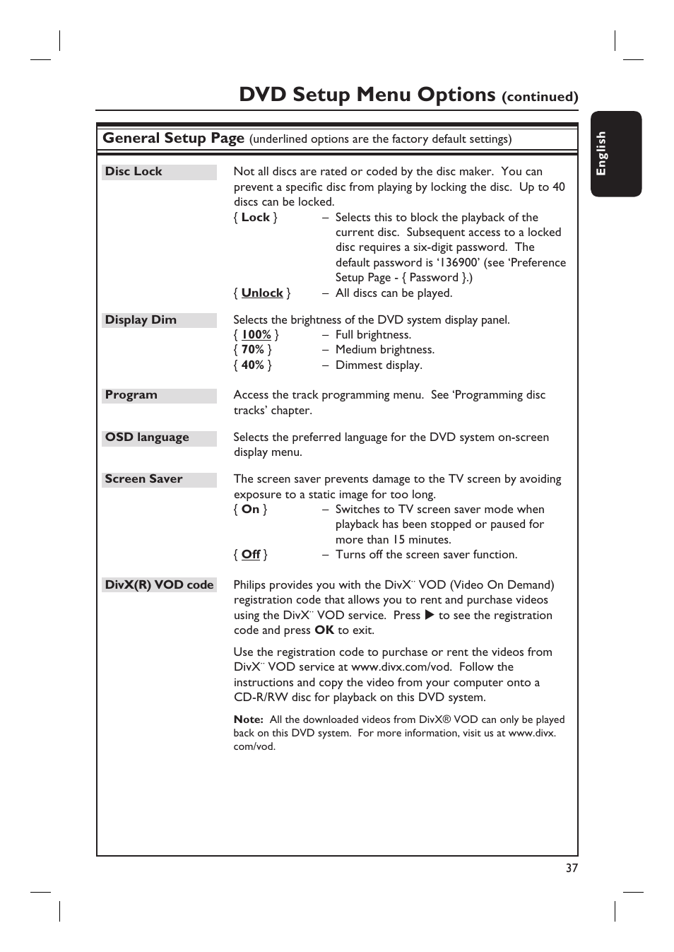 Dvd setup menu options, General setup page | Philips HTS6500-37 User Manual | Page 37 / 55