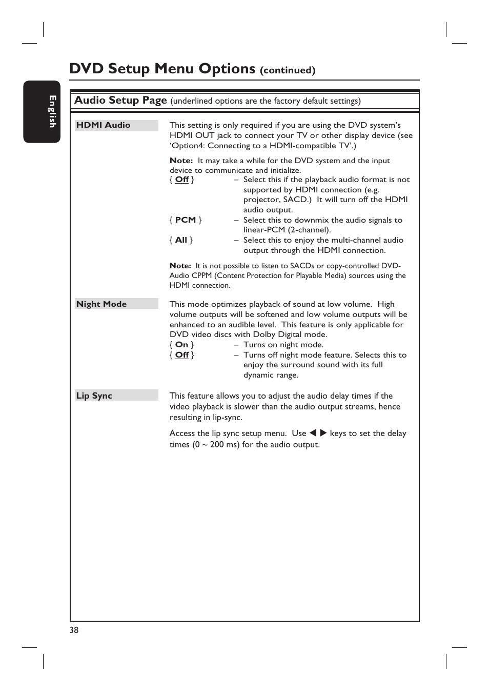 Dvd setup menu options, Audio setup page | Philips HTS6500-37 User Manual | Page 38 / 55