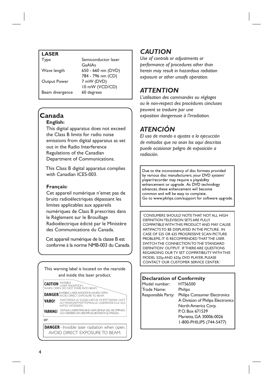 Canada, Caution, Attention | Atención | Philips HTS6500-37 User Manual | Page 4 / 55