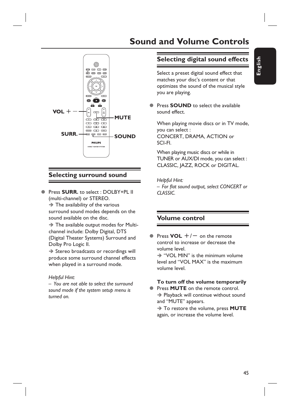 Sound and volume controls | Philips HTS6500-37 User Manual | Page 45 / 55