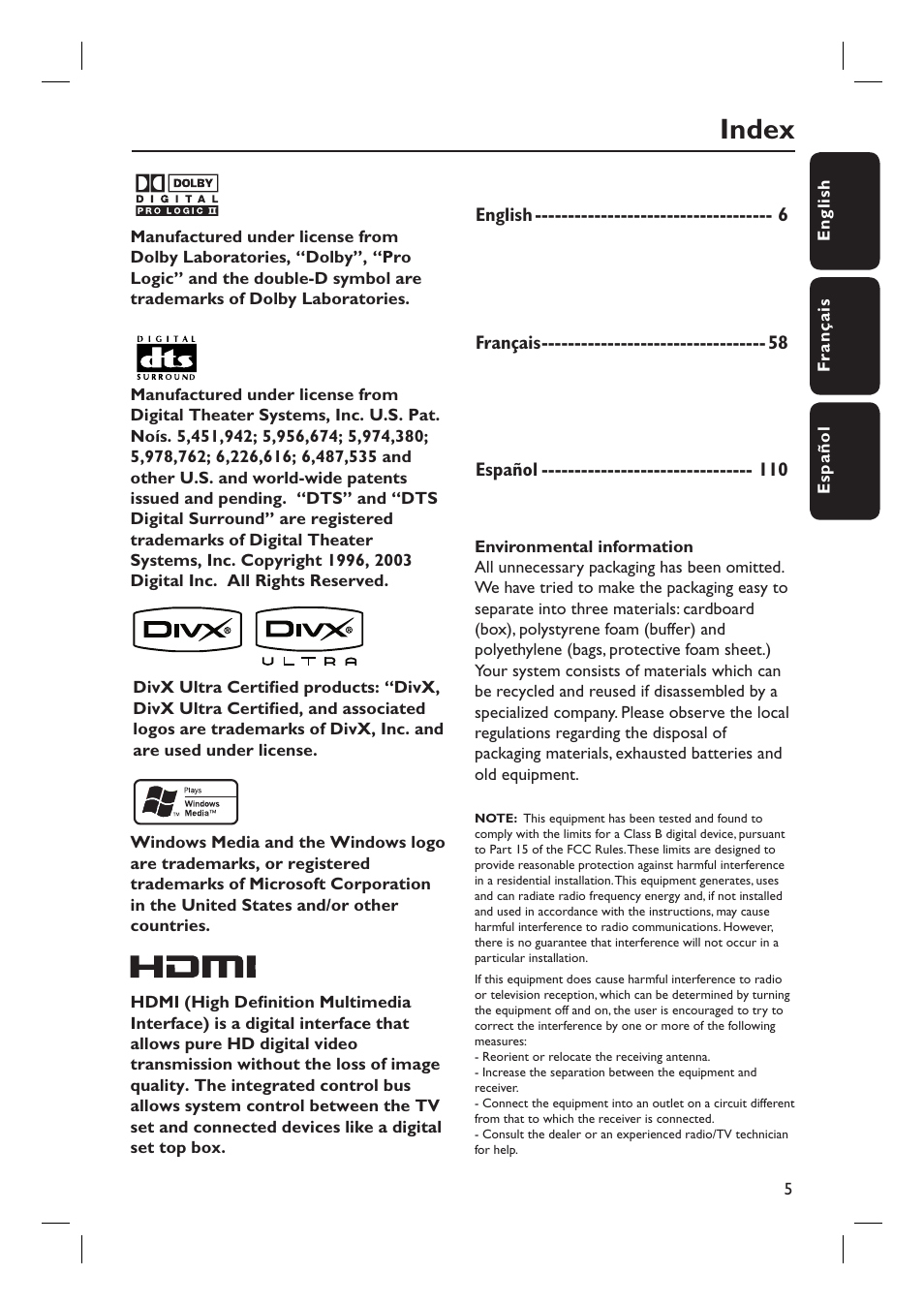 Index | Philips HTS6500-37 User Manual | Page 5 / 55