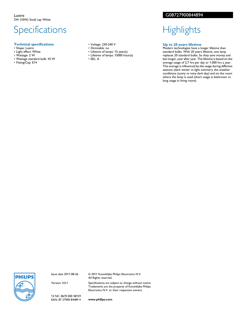 Specifications, Highlights | Philips G08727900844894 User Manual | Page 2 / 2