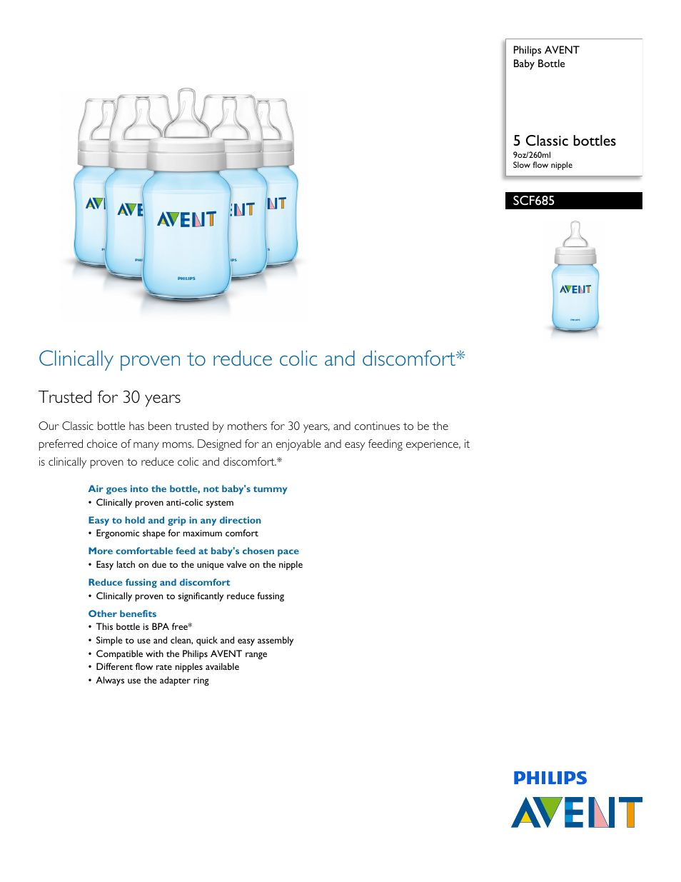 Philips AVENT Baby Bottle SCF685 5 Classic bottles 9oz-260ml Slow flow nipple User Manual | 3 pages