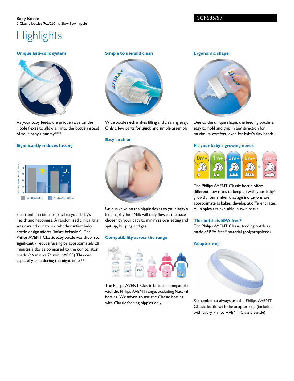 Highlights | Philips AVENT Baby Bottle SCF685 5 Classic bottles 9oz-260ml Slow flow nipple User Manual | Page 2 / 3