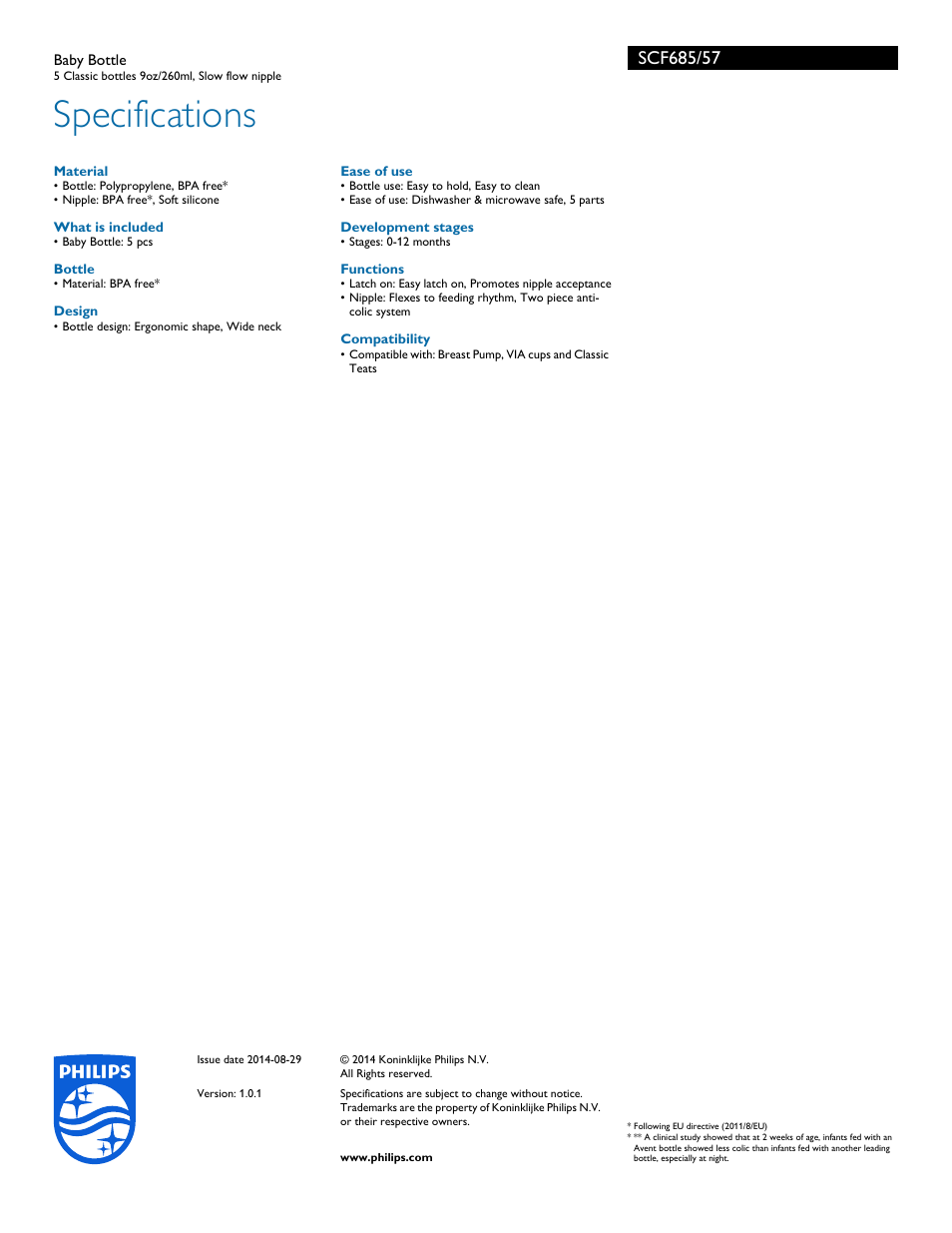 Specifications | Philips AVENT Baby Bottle SCF685 5 Classic bottles 9oz-260ml Slow flow nipple User Manual | Page 3 / 3