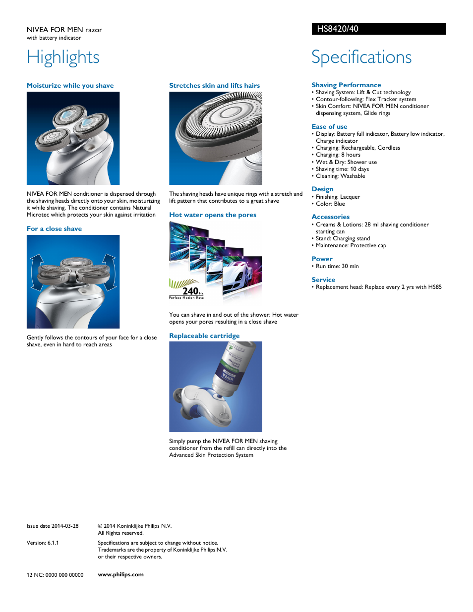 Highlights, Specifications | Philips Norelco NIVEA NIVEA FOR MEN razor HS8420 with battery indicator User Manual | Page 2 / 2