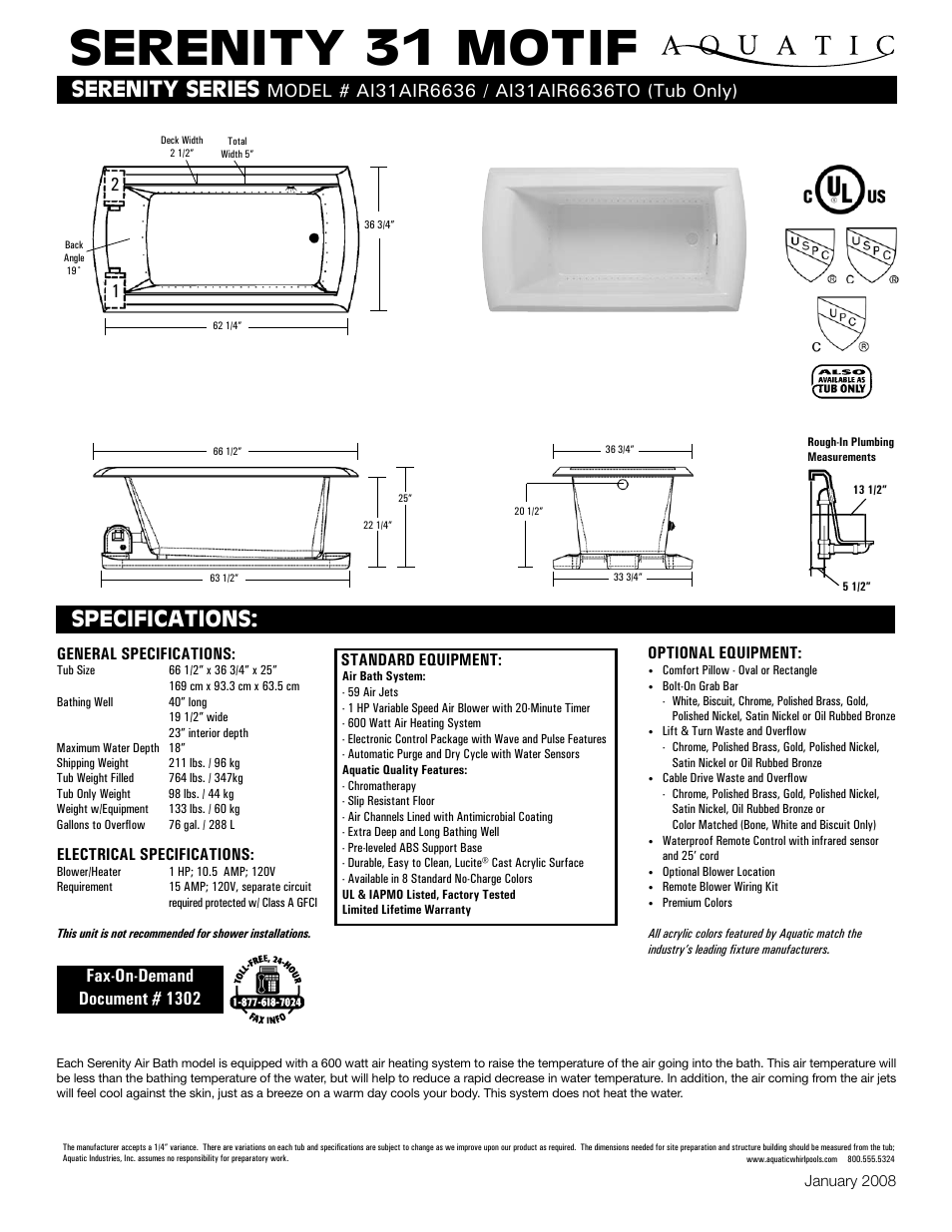 Aquatic SERENITY 31 MOTIF AI31AIR6636 User Manual | 1 page