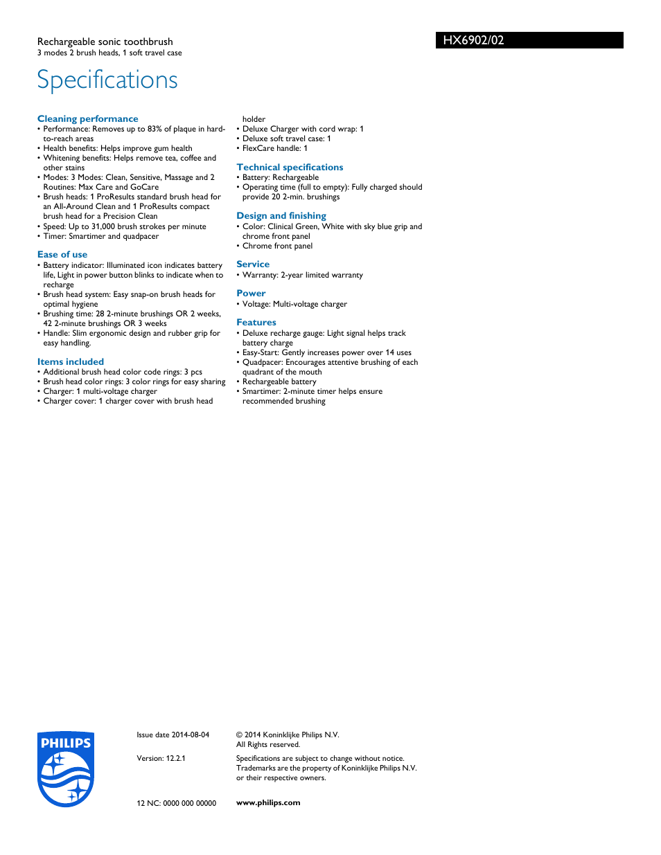Specifications | Philips HX6902-02 User Manual | Page 3 / 3