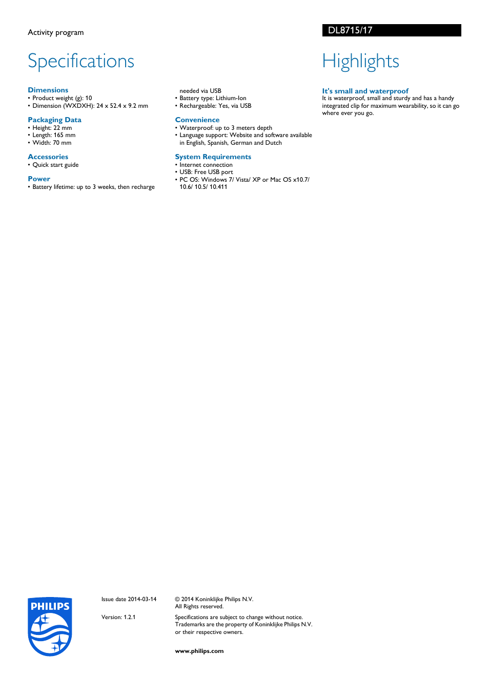 Specifications, Highlights | Philips Activity program DL8715 User Manual | Page 2 / 2