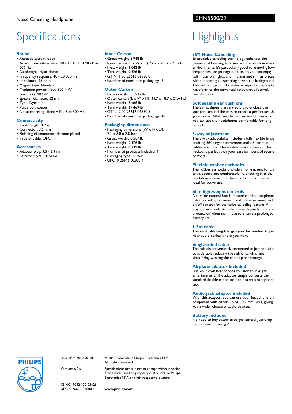 Specifications, Highlights | Philips SHN5500-37 User Manual | Page 2 / 2