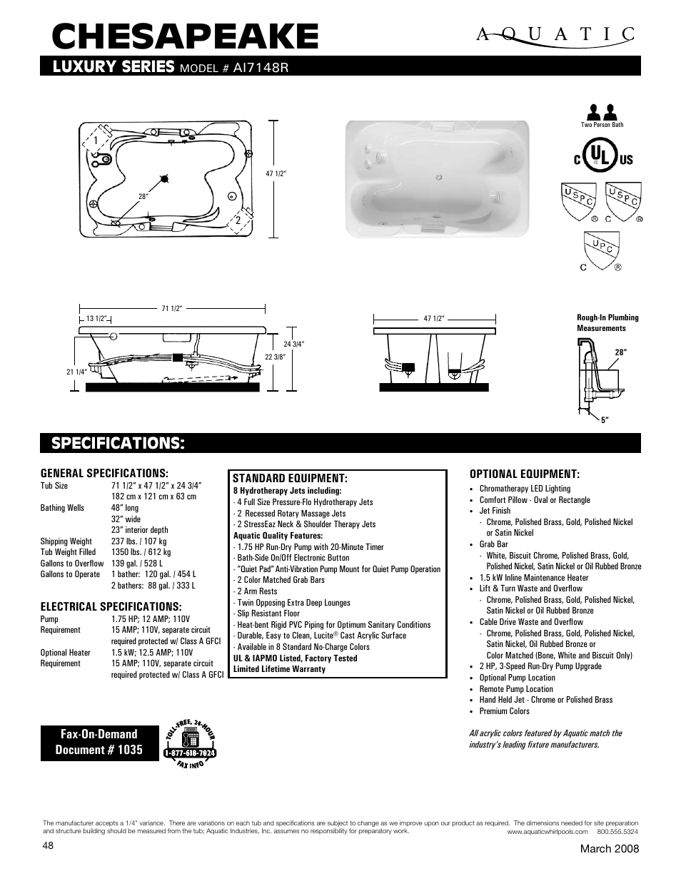 Aquatic CHESAPEAKE ai7148R User Manual | 1 page