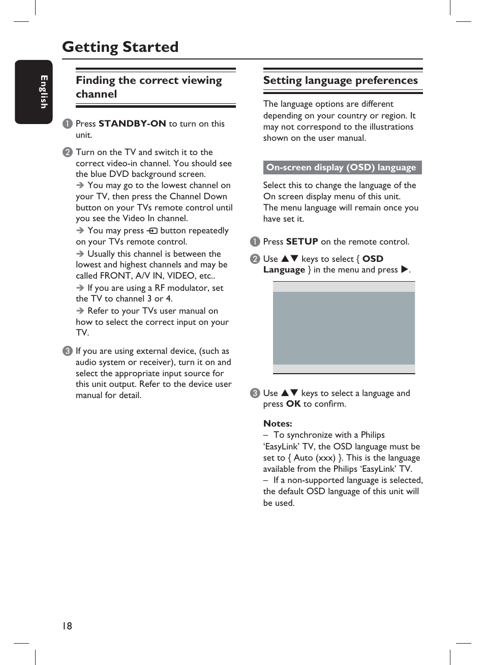 Getting started, Finding the correct viewing channel, Setting language preferences | Philips DVP3982-F7B User Manual | Page 18 / 57