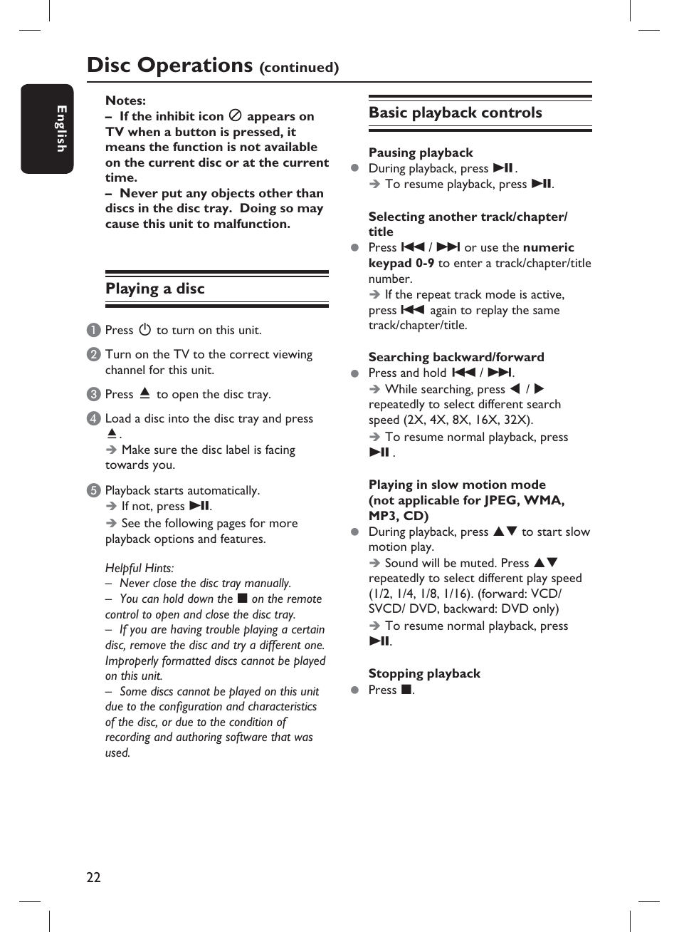 Disc operations, Playing a disc, Basic playback controls | Philips DVP3982-F7B User Manual | Page 22 / 57