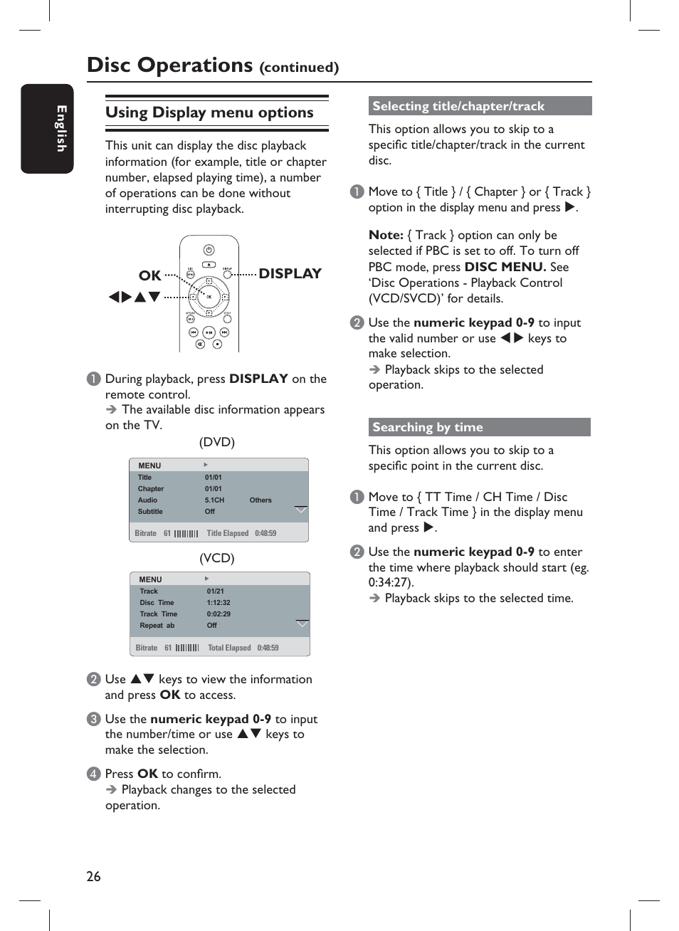 Disc operations, Using display menu options | Philips DVP3982-F7B User Manual | Page 26 / 57