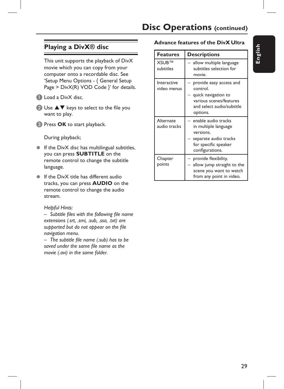 Disc operations, Playing a divx® disc | Philips DVP3982-F7B User Manual | Page 29 / 57